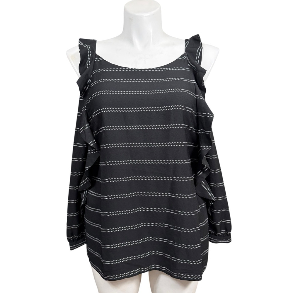 Chicos Black White Striped Cold Shoulder Top Womens Size Large